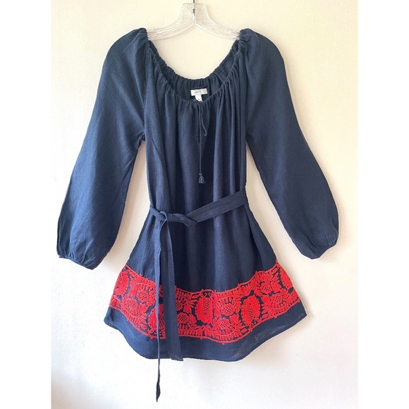 J.Crew XS S Navy Linen Oversized Short Dress Belted Red Floral Embroidered Tunic - Picture 1 of 9